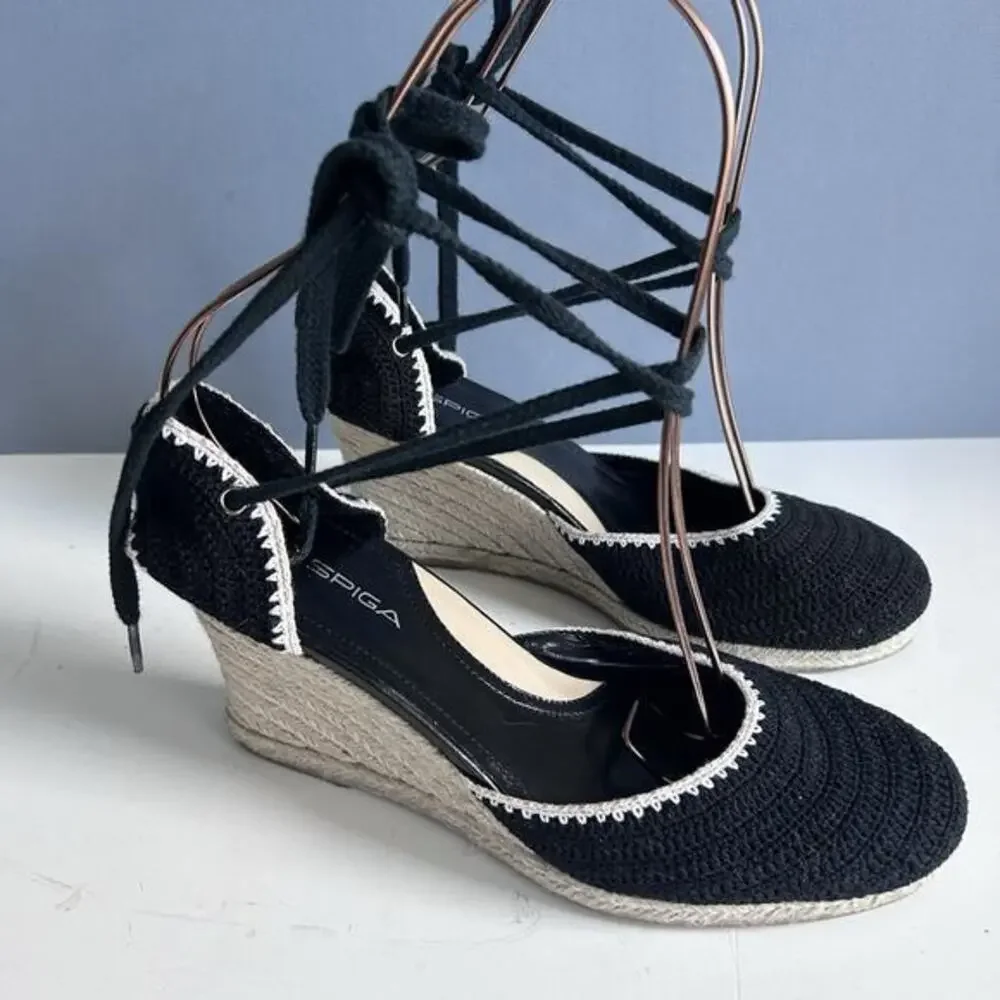 Via Spiga Wedge Sandals Sz 7 Ankle wrap Espadrilles Lenox Crochet Bohemian Siren